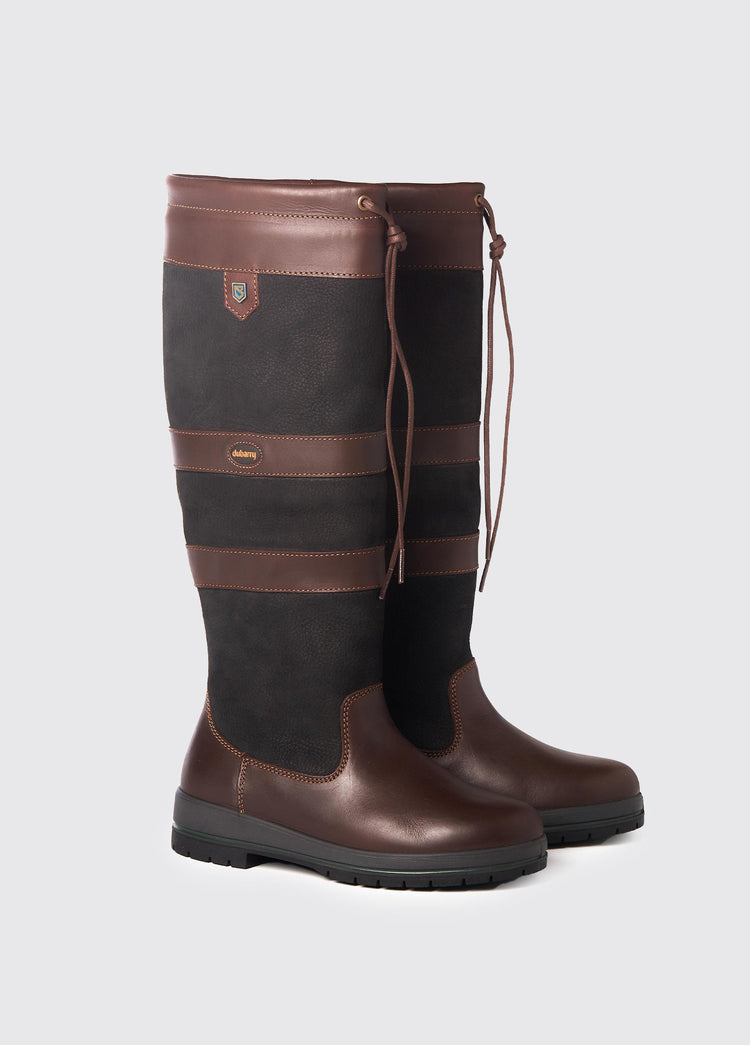 Pair of Dubarry ladies knee-high black and brown leather Galway Country Boot with laced top