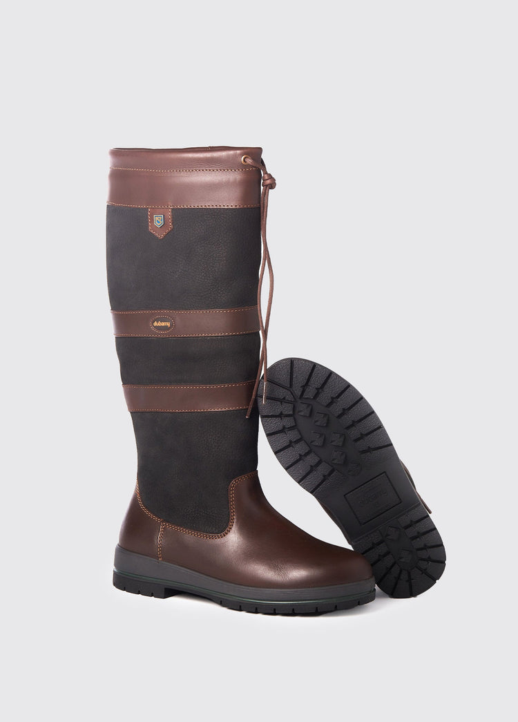 Pair of Dubarry ladies knee-high black and brown leather Galway Country Boot with laced top with one boot sole showing