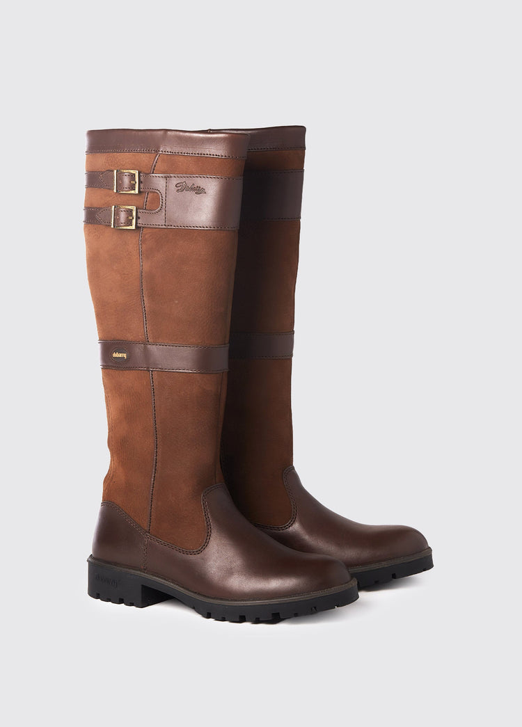 Pair of Dubarry walnut brown leather Longford country knee-high lined boots with side buckle detail