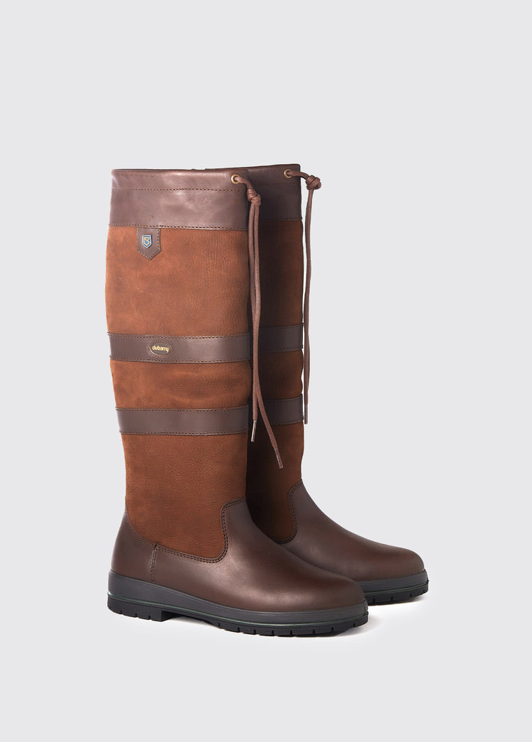 A pair of narrower calf fitting Dubarry Ladies  knee-high walnut brown leather Galway Country Boot with laced top